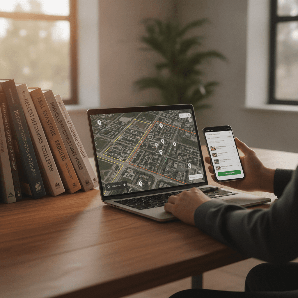 A realistic photo of a person at a desk with a stack of real estate books, a laptop showing a map or property data, a…