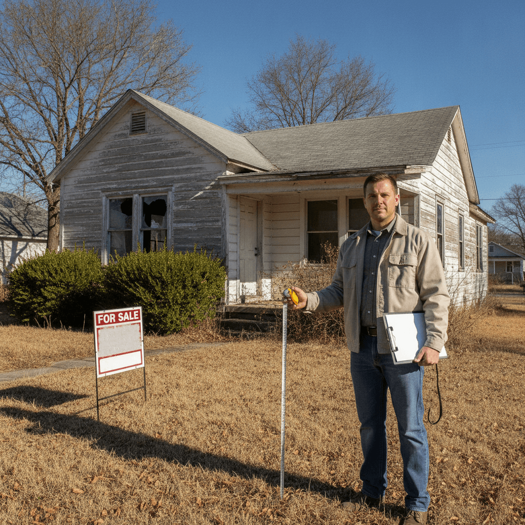 A real estate investor standing in front of a fixer-upper house, holding a clipboard with a property analysis sheet,…