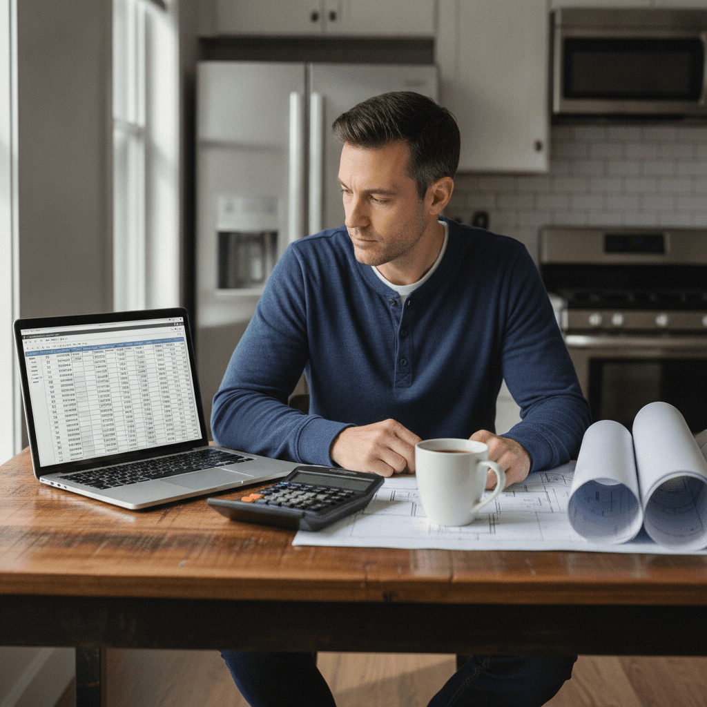 A real estate investor at a kitchen table with a laptop, looking at a spreadsheet with numbers and a calculator, with…