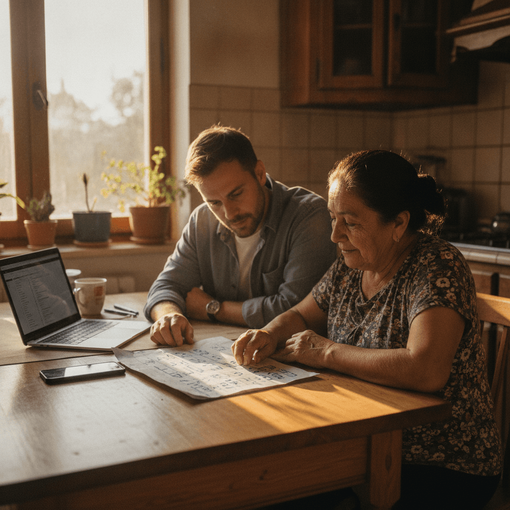 A real estate wholesaler sitting at a kitchen table with a Spanish-speaking homeowner, both looking at a printed one-…