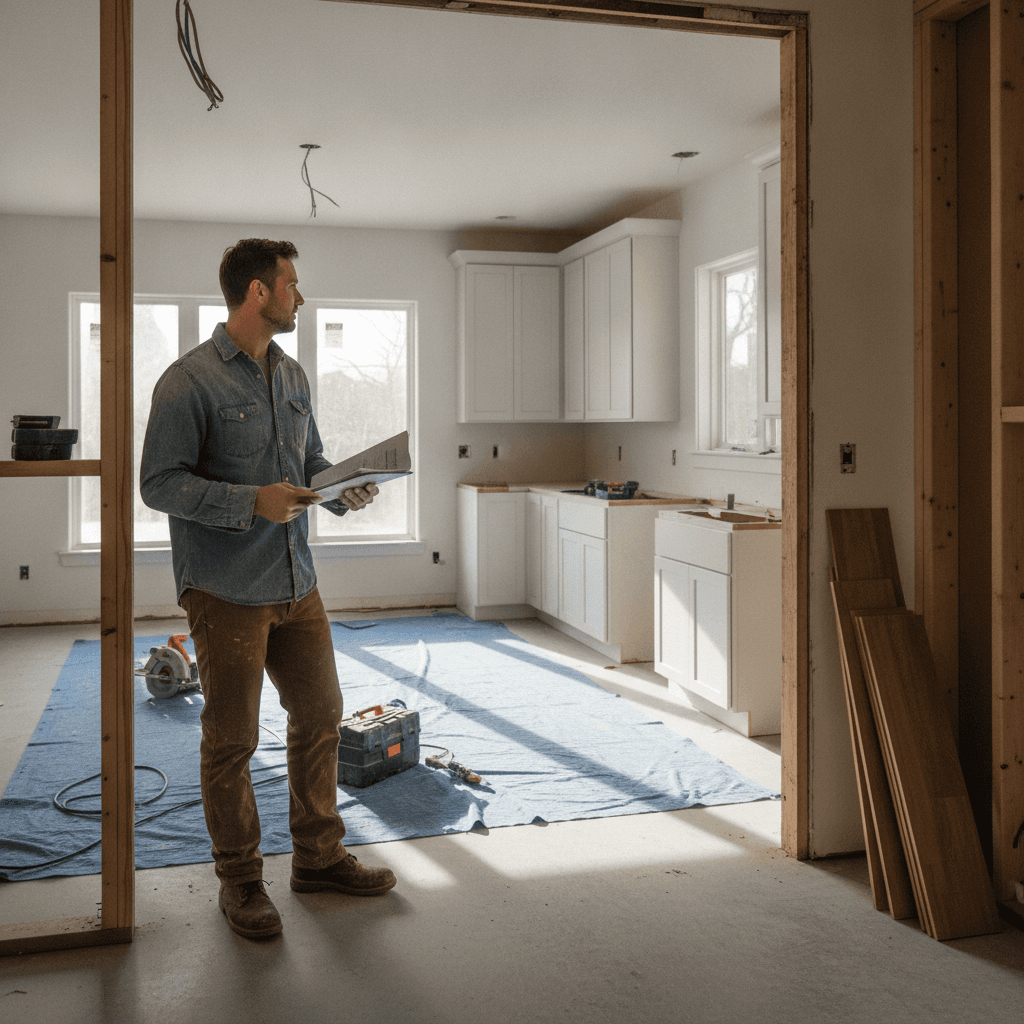 A real estate investor in casual clothes standing in the doorway of a partially renovated house, holding a clipboard…