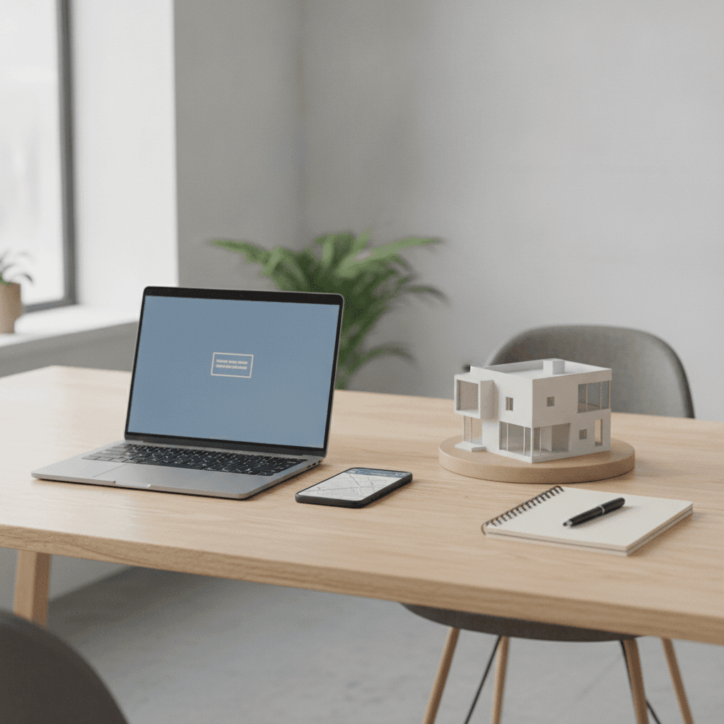 A modern desk with a laptop, smartphone, notebook, and a small architectural model house — technology meeting real estate
