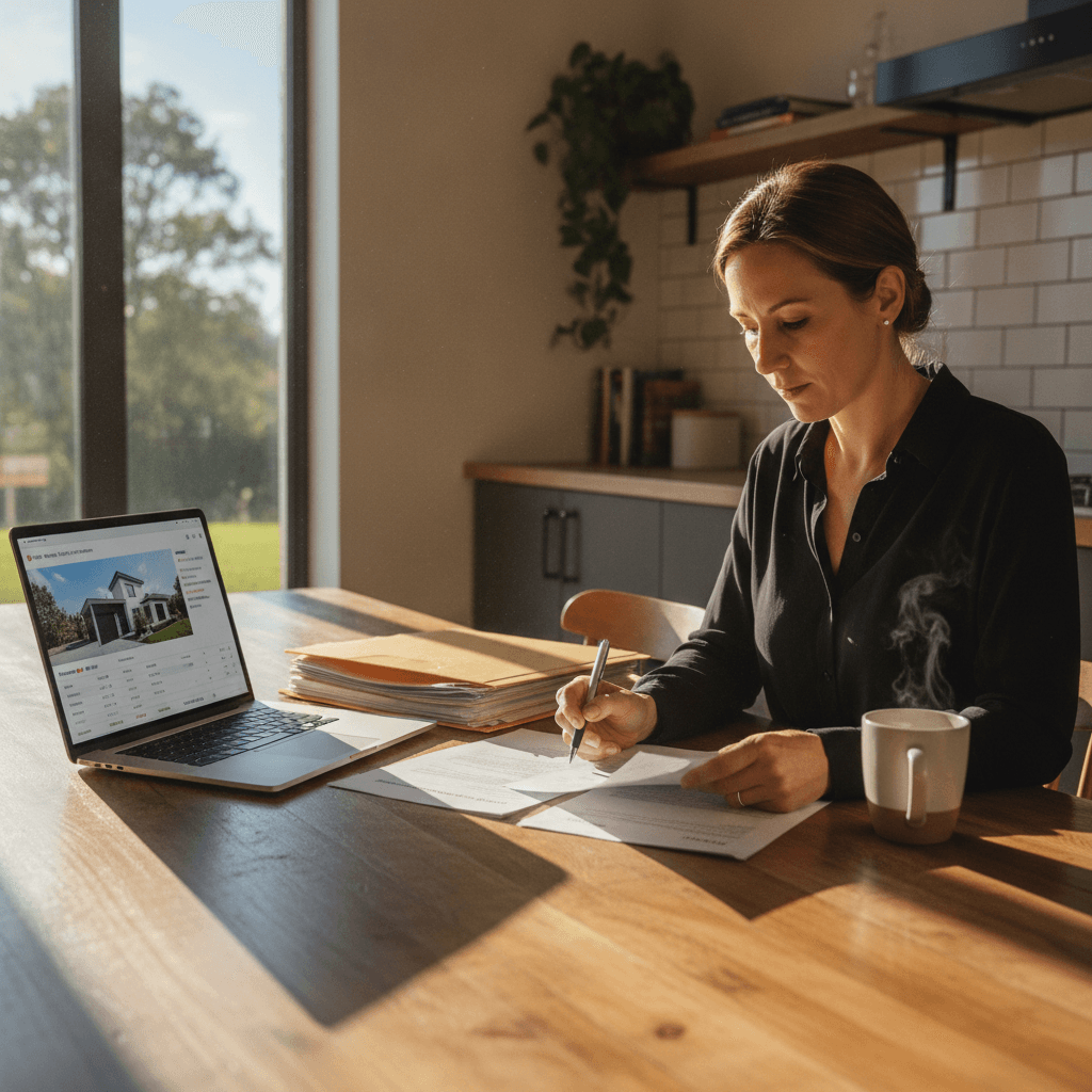 A real estate investor at a kitchen table reviewing a printed contract with a pen, a laptop showing a property listin…