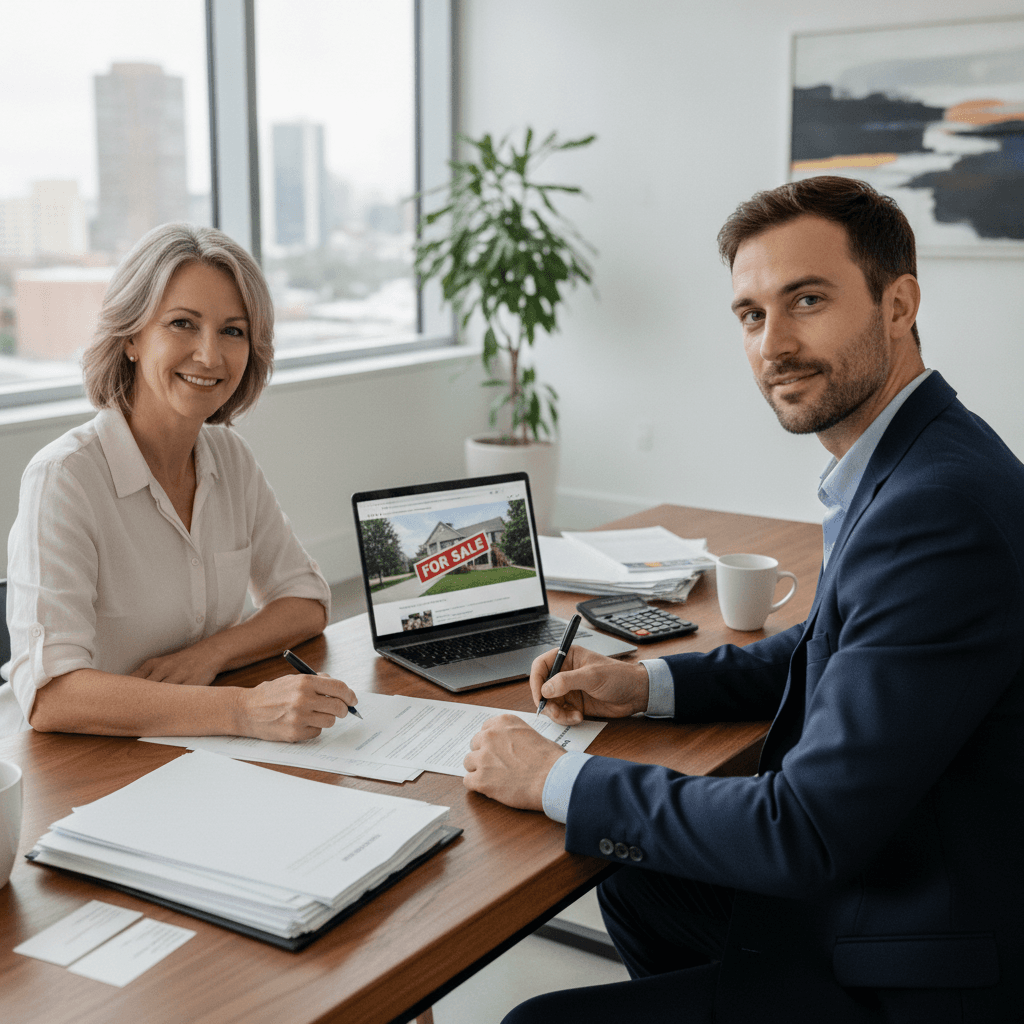 A real estate wholesaler sitting at a desk signing a contract with a seller, with a laptop showing a property listing…