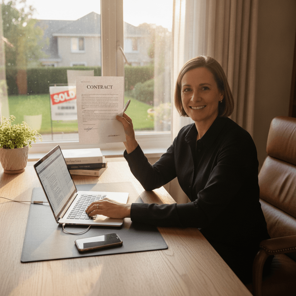 A real estate wholesaler sitting at a desk with a laptop, a signed contract in hand, and a phone nearby, with a 'SOLD…