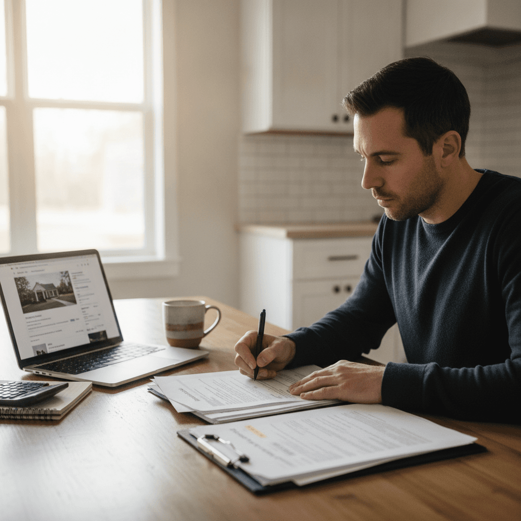 A real estate investor at a kitchen table reviewing a printed purchase agreement and assignment paperwork, pen in han…