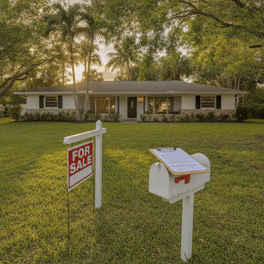 A Florida suburban ranch-style house at golden hour with a 'For Sale' sign in the front yard, a clipboard with a real…