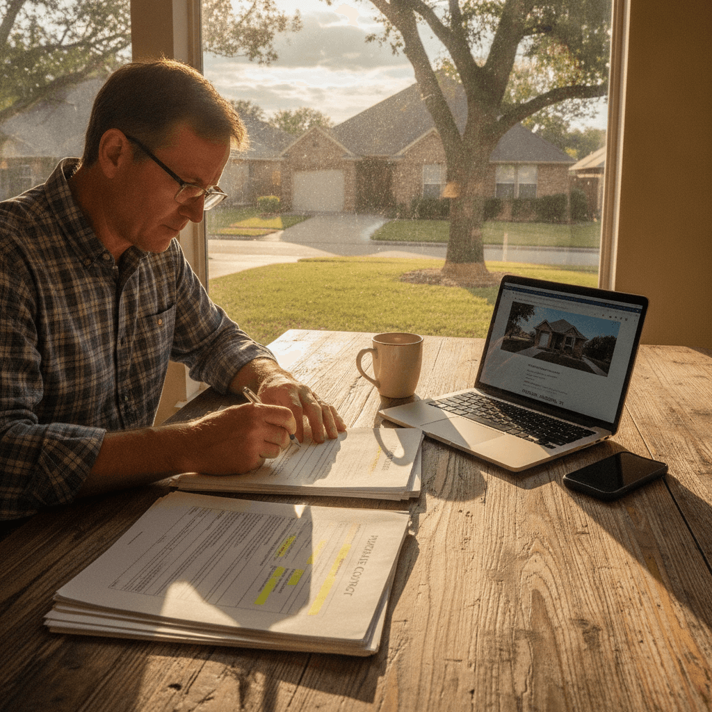 A realistic photo of a Texas real estate investor sitting at a kitchen table reviewing a printed purchase contract an…