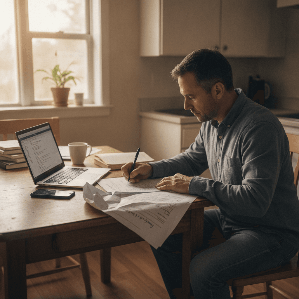 A real estate investor sitting at a kitchen table with a laptop, a printed purchase contract, a pen, and a smartphone…