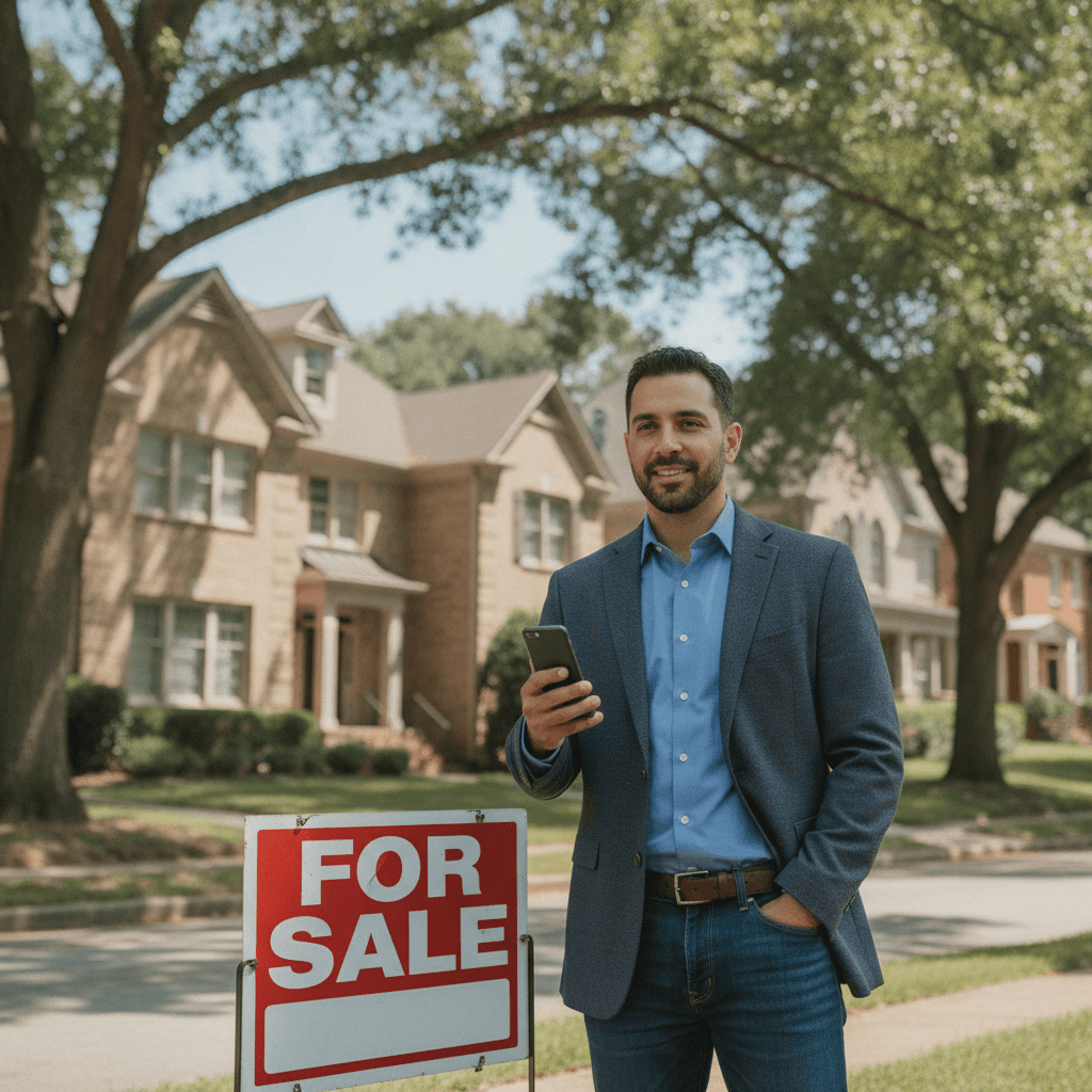 A real estate wholesaler in casual business attire standing in front of a for-sale sign in an Atlanta neighborhood, h…
