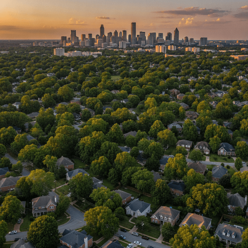 Aerial editorial photograph of Atlanta, Georgia residential suburbs — single-family homes among lush green trees with