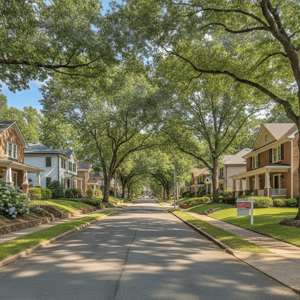 A realistic photo of a residential street in Atlanta, Georgia, with a mix of older and newer homes, a 'For Sale' sign…