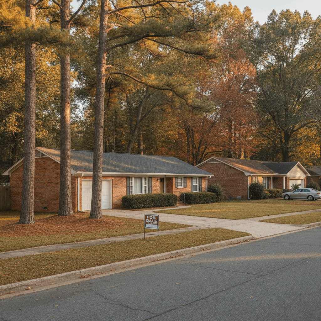A realistic photograph of a suburban Atlanta street in early autumn, with a 'For Sale' sign in the front yard of a mo…