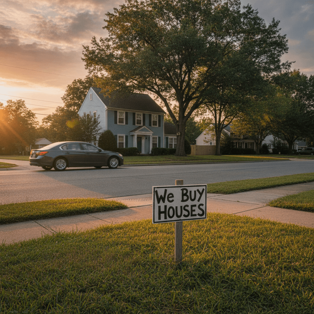 A realistic photo of a suburban street corner with a small 'We Buy Houses' sign on a wooden stake in a grassy area, w…