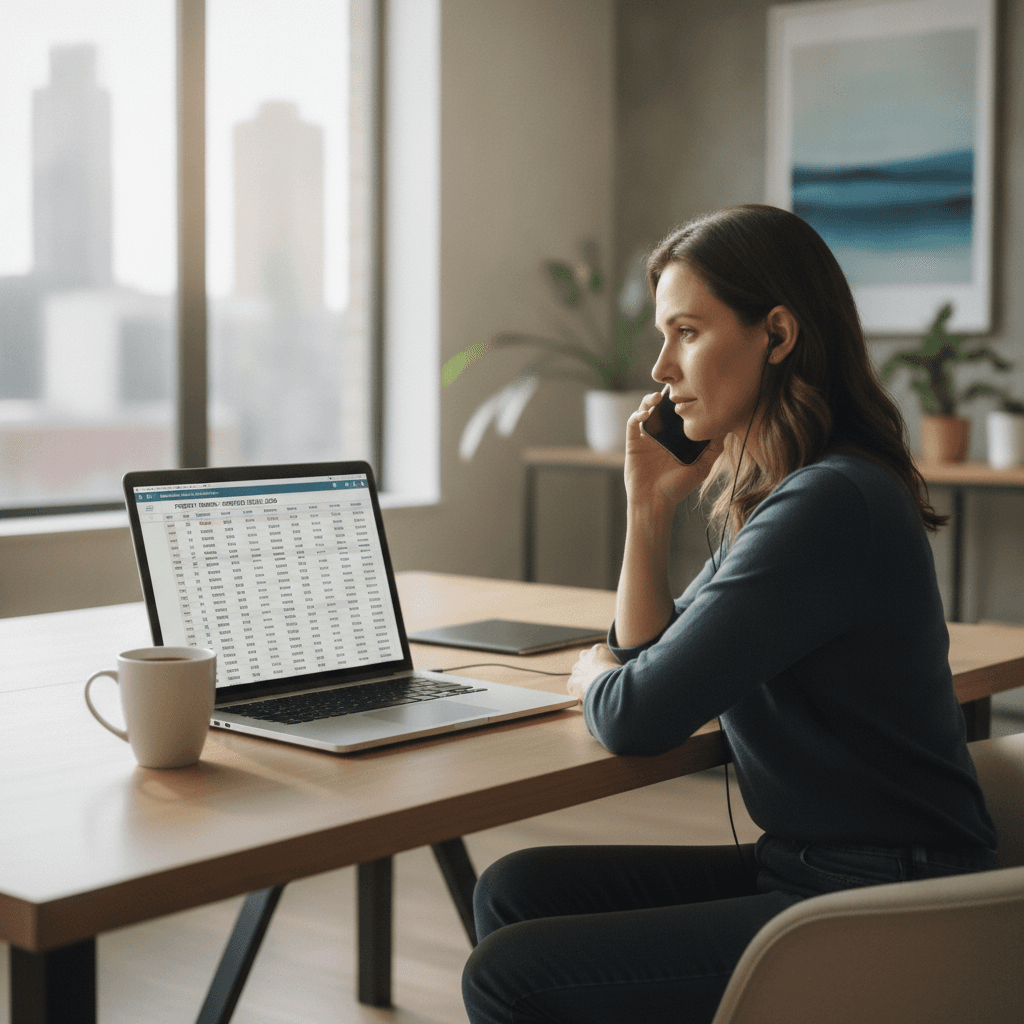 A real estate wholesaler sitting at a desk with a laptop showing a list of property owners, a phone in hand, and a cu…