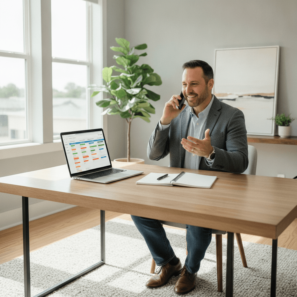 A realistic photo of a real estate wholesaler at a desk with a laptop and smartphone, showing a CRM dashboard with pi…