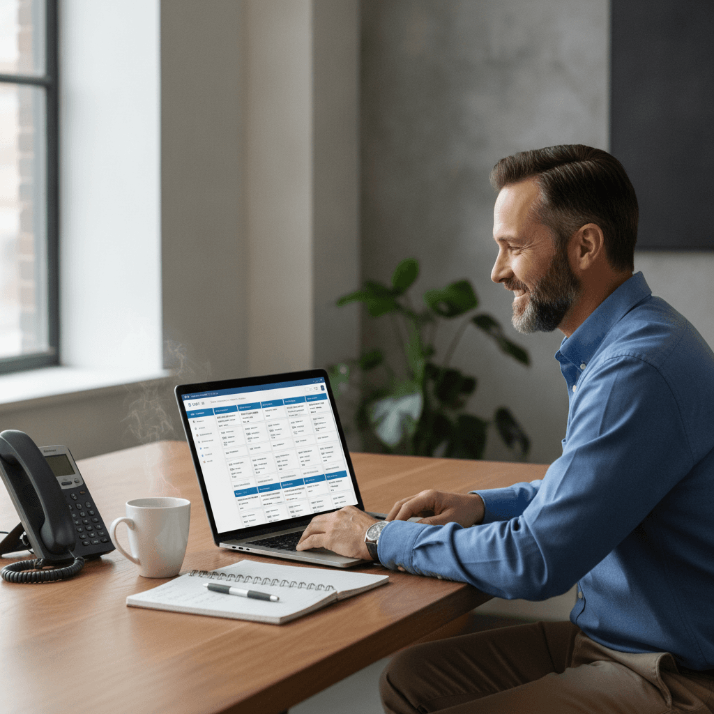 A real estate wholesaler sitting at a desk, smiling while looking at a laptop screen showing a CRM dashboard