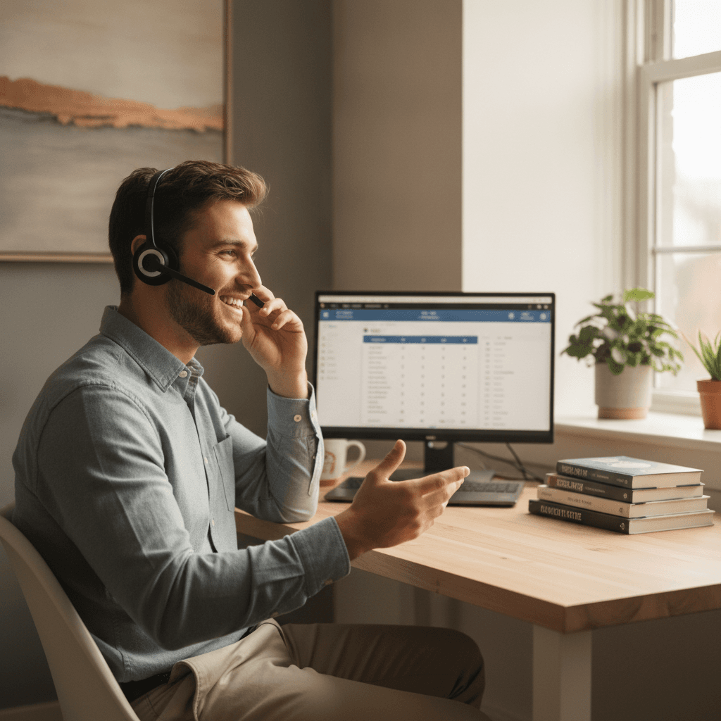A real estate wholesaler sitting at a desk, smiling while talking on a headset, with a laptop showing a dialer interf…