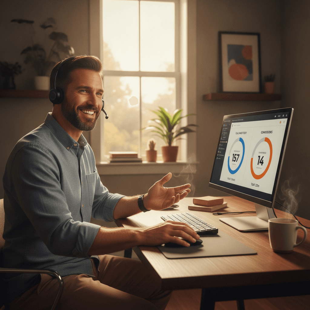 A real estate wholesaler in a home office, smiling while talking on a headset, with a laptop showing a dialer interfa…