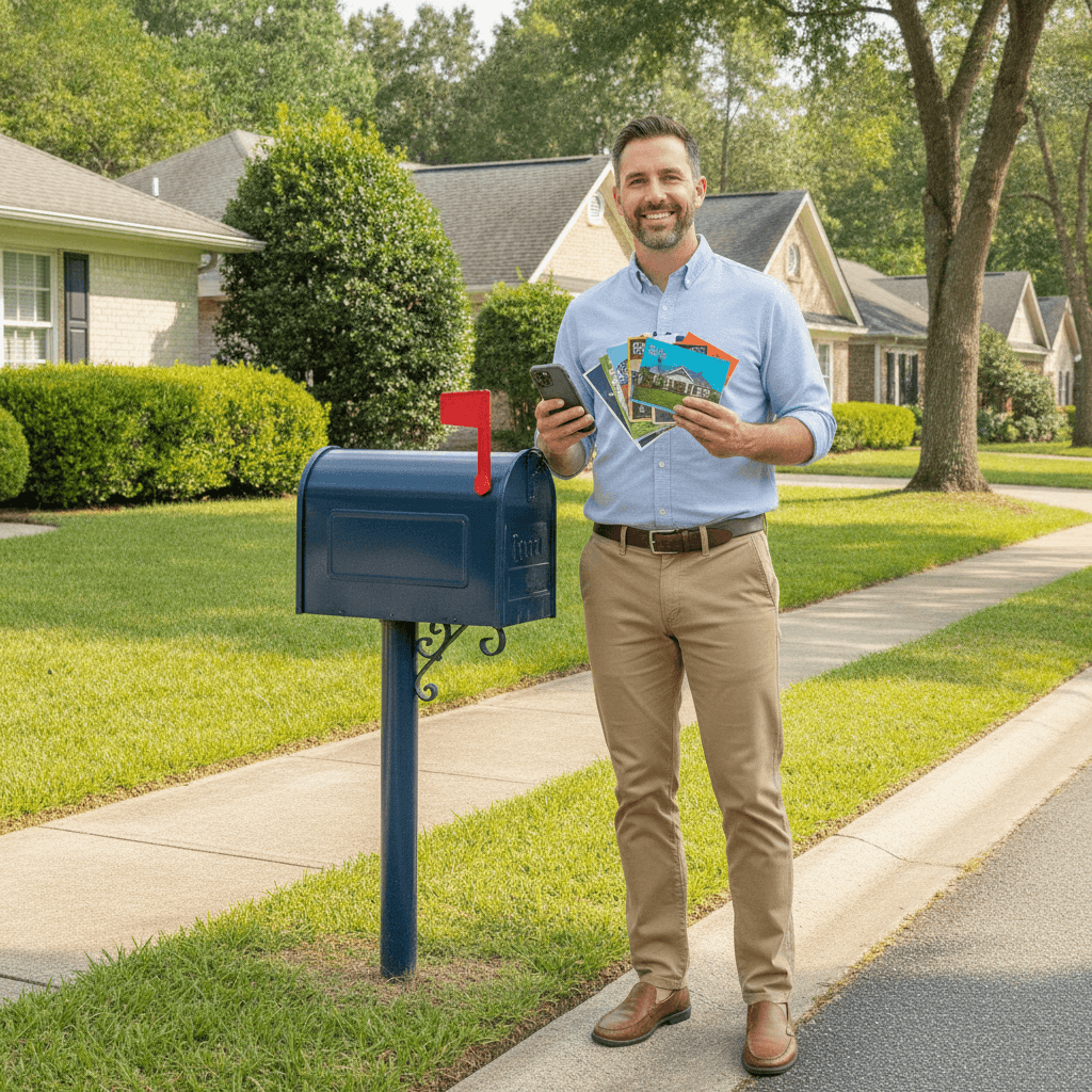 A real estate wholesaler holding a stack of colorful postcards and a smartphone, standing in front of a mailbox in a…
