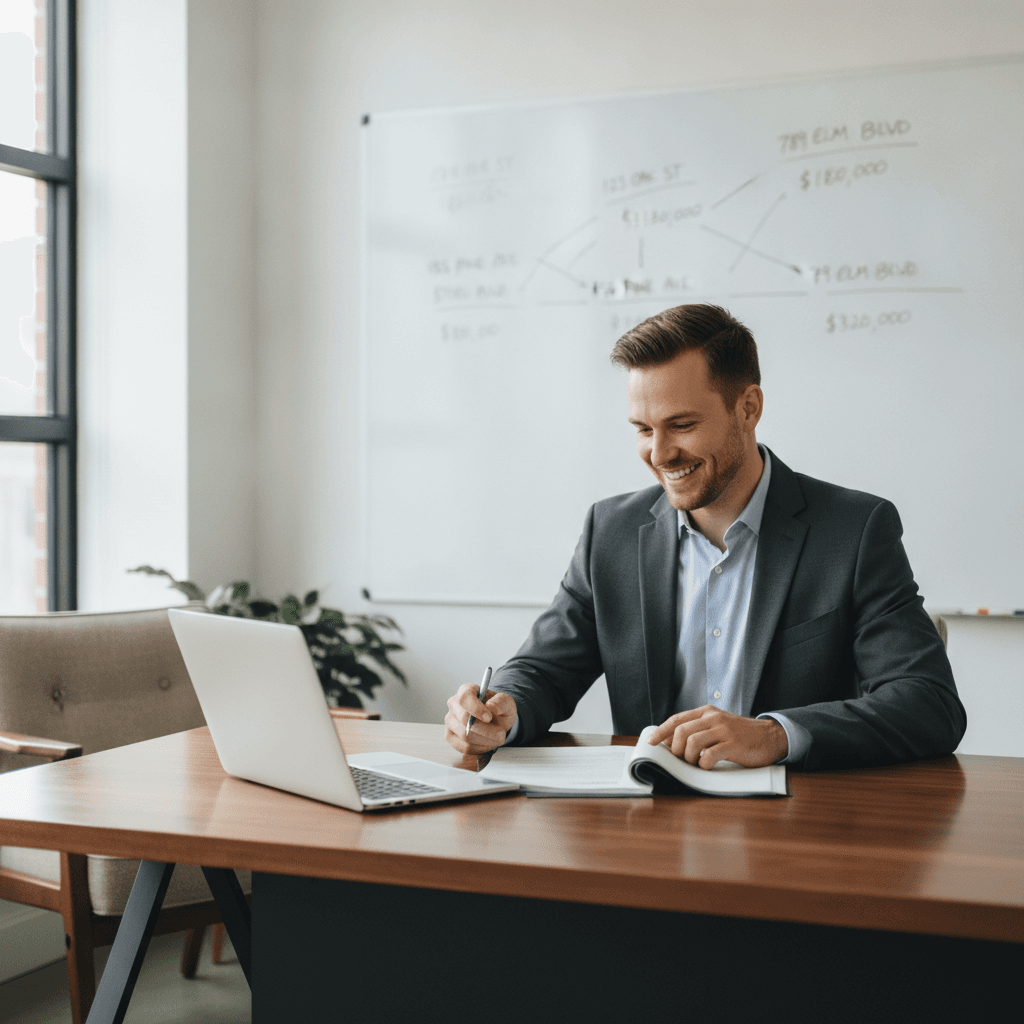 A real estate wholesaler sitting at a desk with a laptop, smiling while looking at a contract