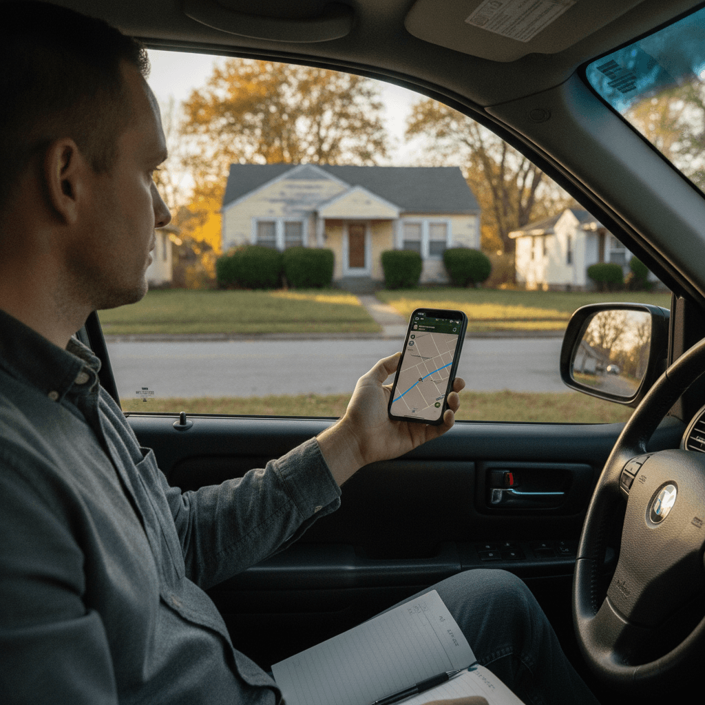 Photorealistic scene of a real estate wholesaler sitting in a parked SUV on a quiet suburban street late in the after…