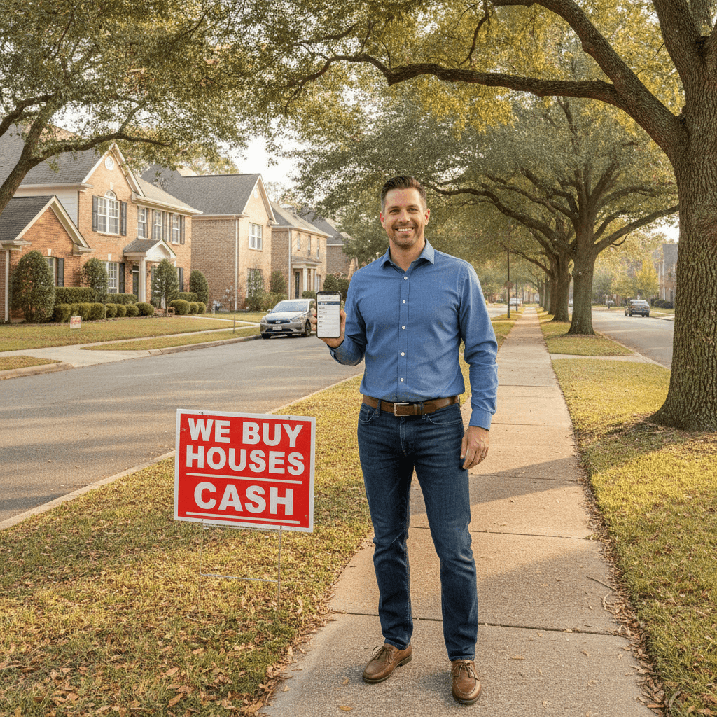 A real estate wholesaler in casual business attire stands next to a 'We Buy Houses' sign on a suburban street, holdin…