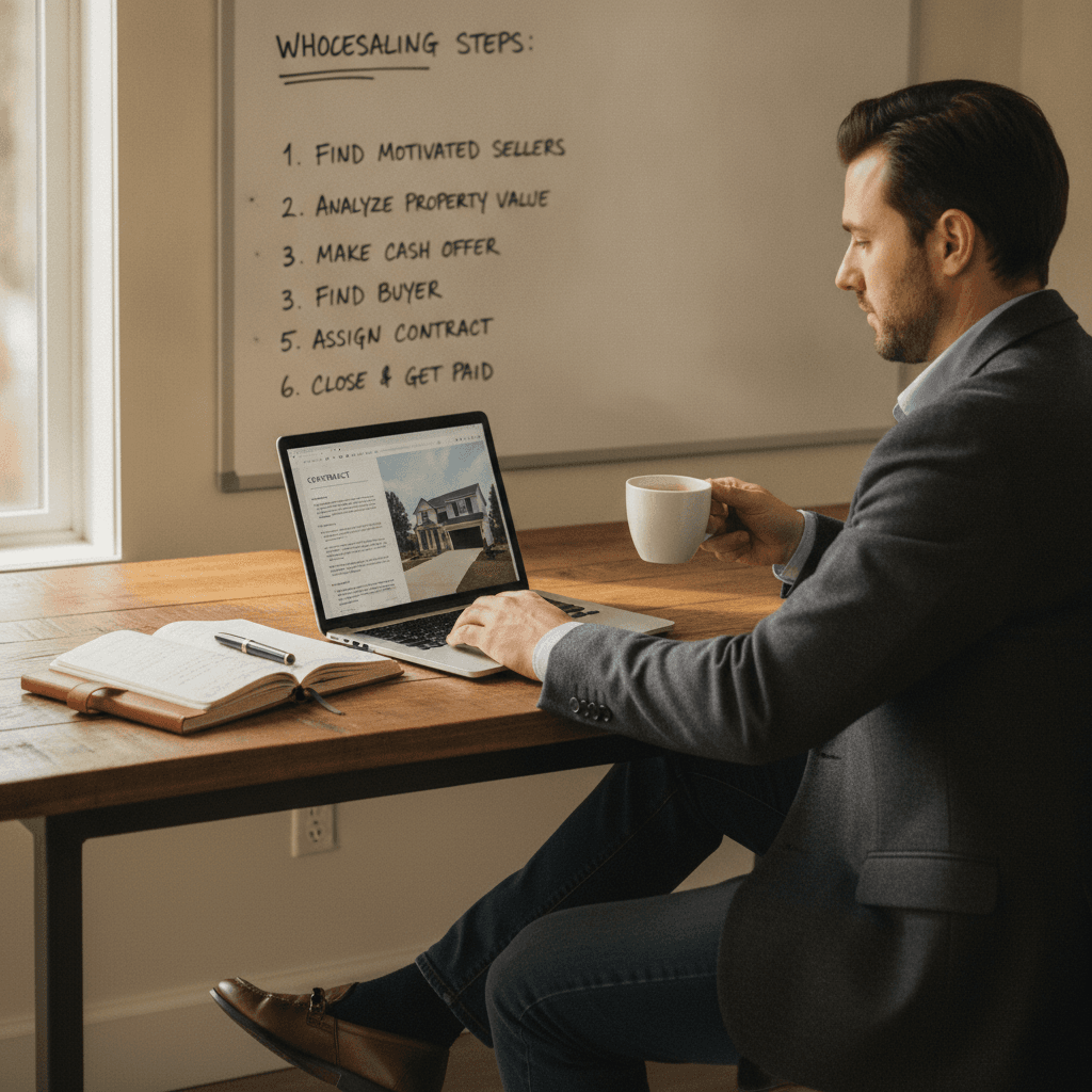 A realistic photo of a person in casual business attire sitting at a desk with a laptop, notebook, and a cup of coffe…