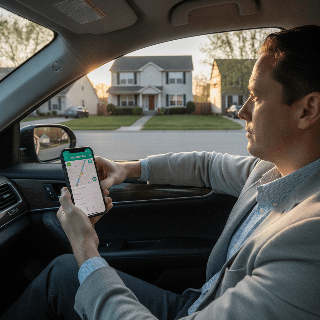 A real estate wholesaler sitting in a car, holding a smartphone with a skip tracing app open, looking at a house acro…
