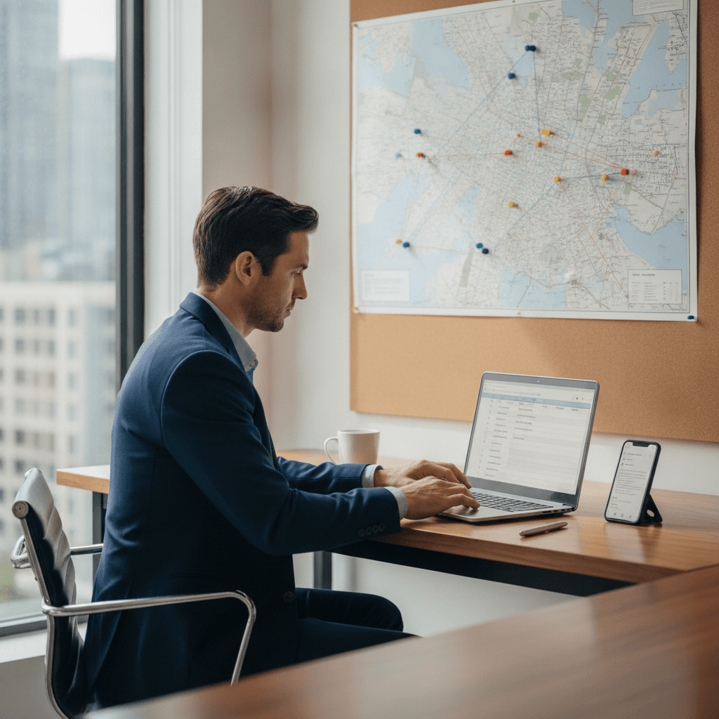 A real estate wholesaler at a desk with a laptop and phone, looking at a list of property addresses, with a map in th…