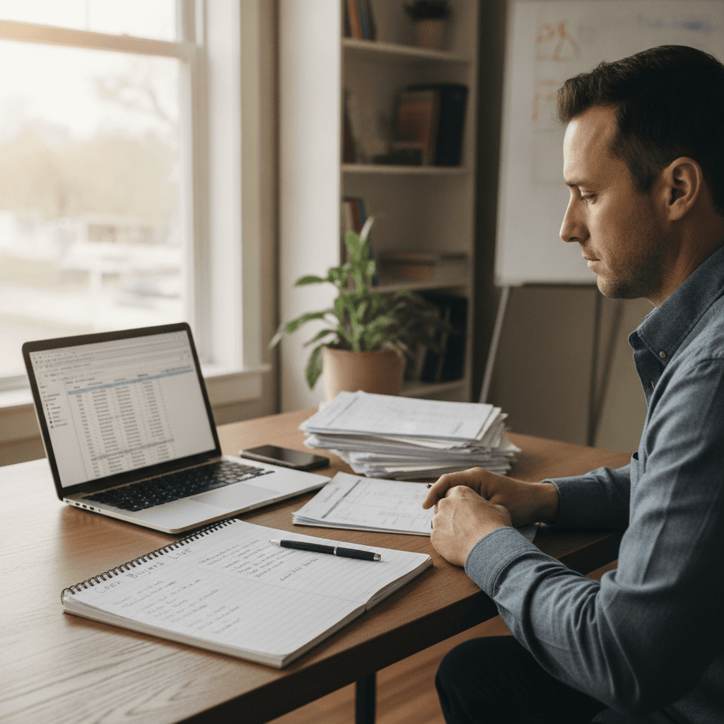 A real estate wholesaler at a desk with a laptop showing property records, a stack of county deed printouts, a phone,…