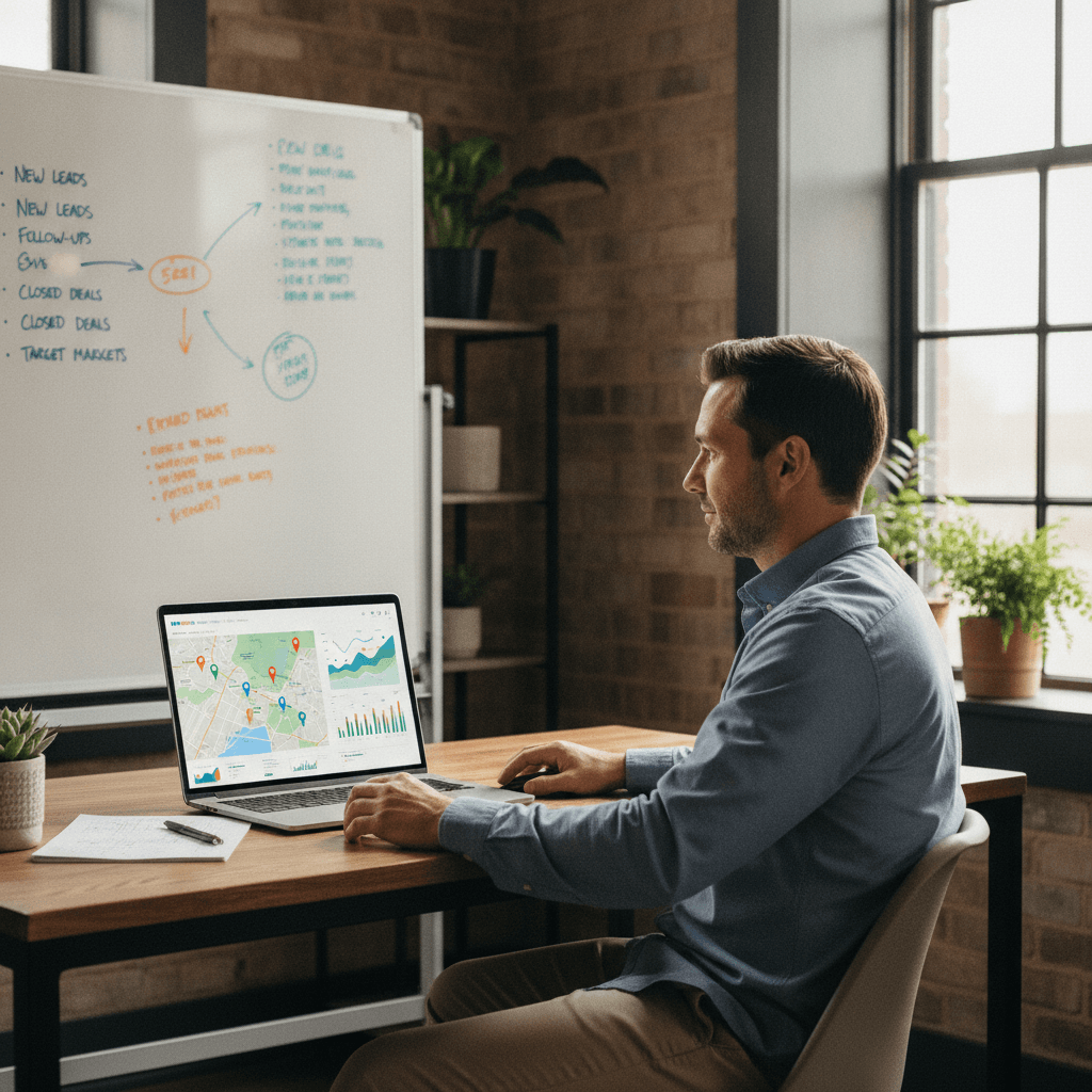 A real estate wholesaler sitting at a desk with a laptop, looking at a dashboard with graphs and a map of properties
