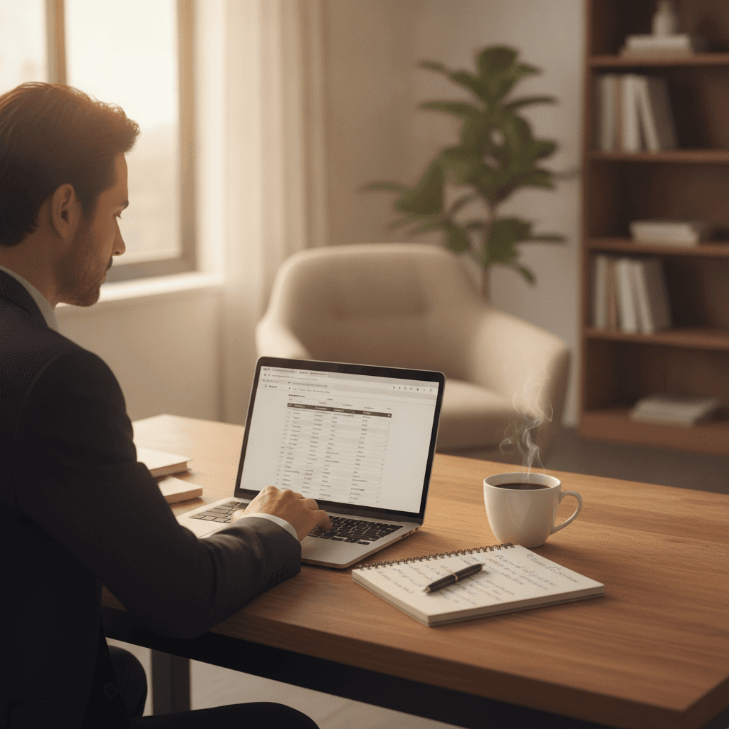 A real estate wholesaler sitting at a desk with a laptop showing a website dashboard, a cup of coffee, and a notepad…