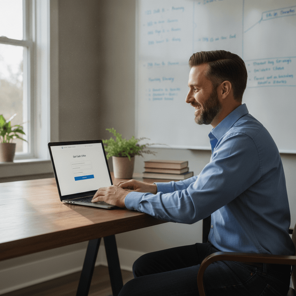 A real estate wholesaler sitting at a desk in a home office, smiling while looking at a laptop screen showing a moder…