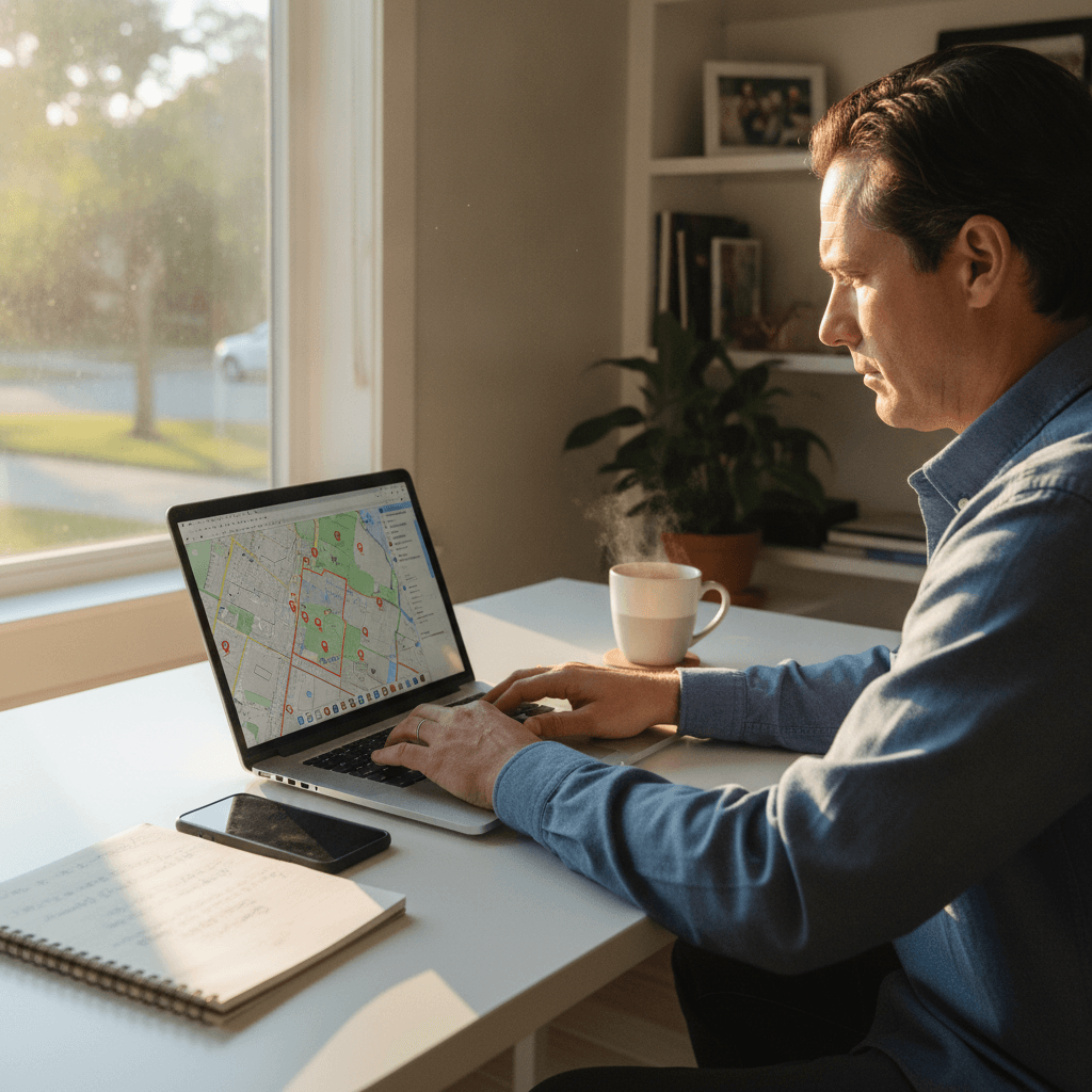 A real estate wholesaler working at a tidy home office desk, laptop open showing a property map, a smartphone and not…