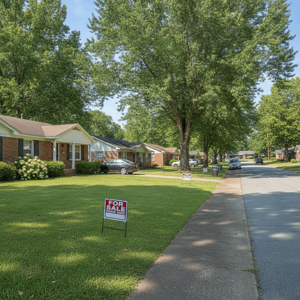 A residential street in Birmingham, Alabama, with several 'For Sale' signs in front of modest single-family homes, ta…