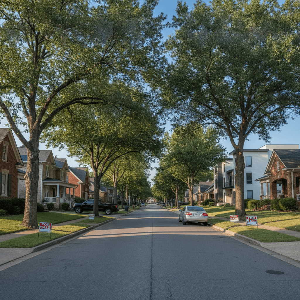 A realistic photo of a residential street in Birmingham, Alabama, with a mix of older and newer homes, some with 'For…