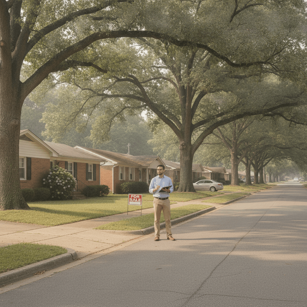 A residential street in Birmingham, Alabama on a warm September afternoon, with modest brick ranch homes, mature oak…
