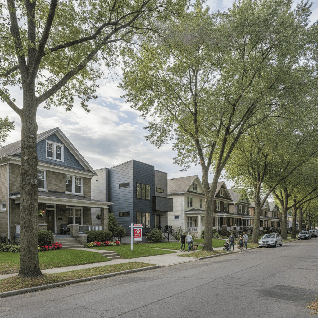 A realistic photo of a residential street in Buffalo, NY, with a mix of older homes and a few new construction houses…