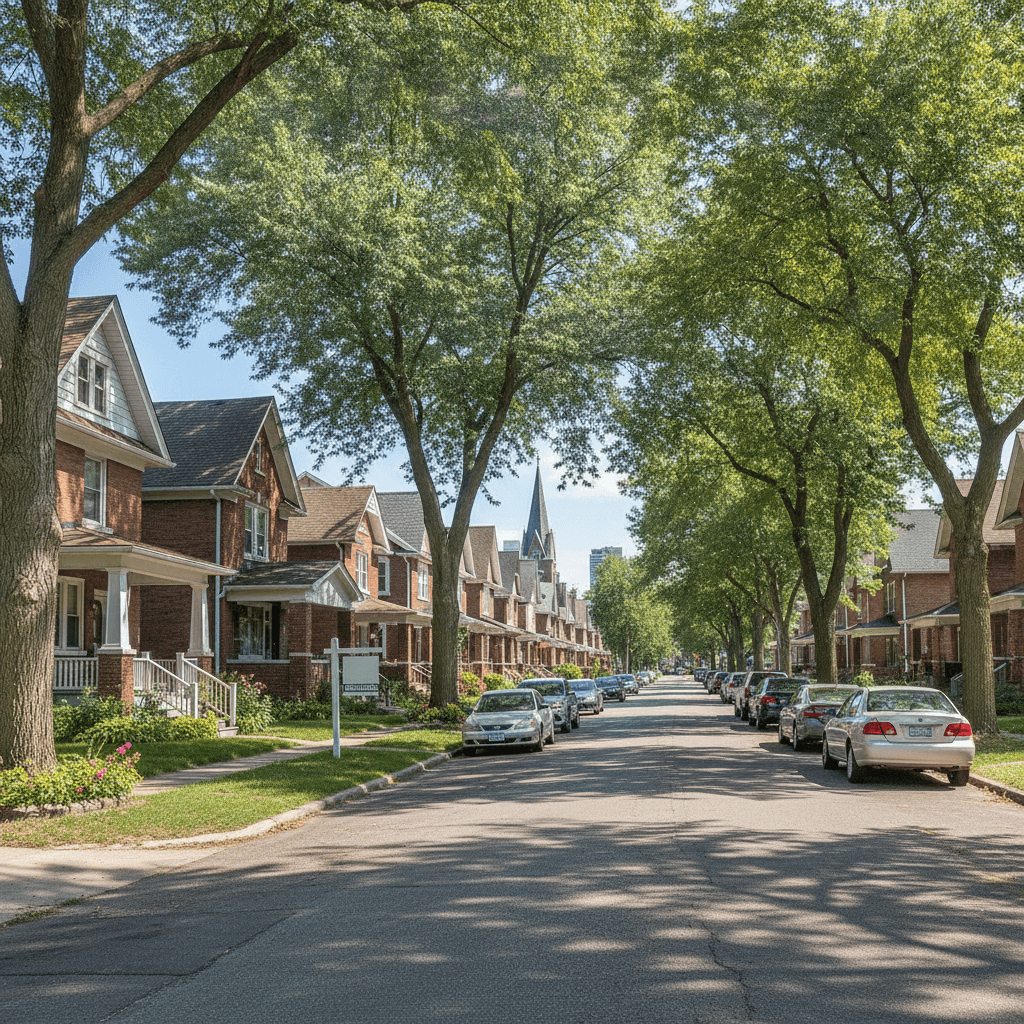 A realistic photo of a residential street in Buffalo, NY, with a mix of older homes and a few 'For Sale' signs, taken…