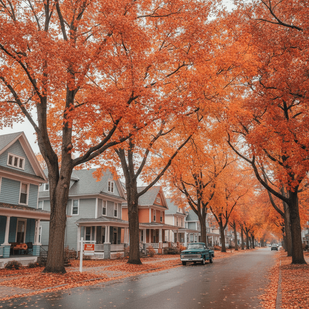 A realistic photo of a residential street in Buffalo, New York in early autumn, featuring classic two-story wood-fram…