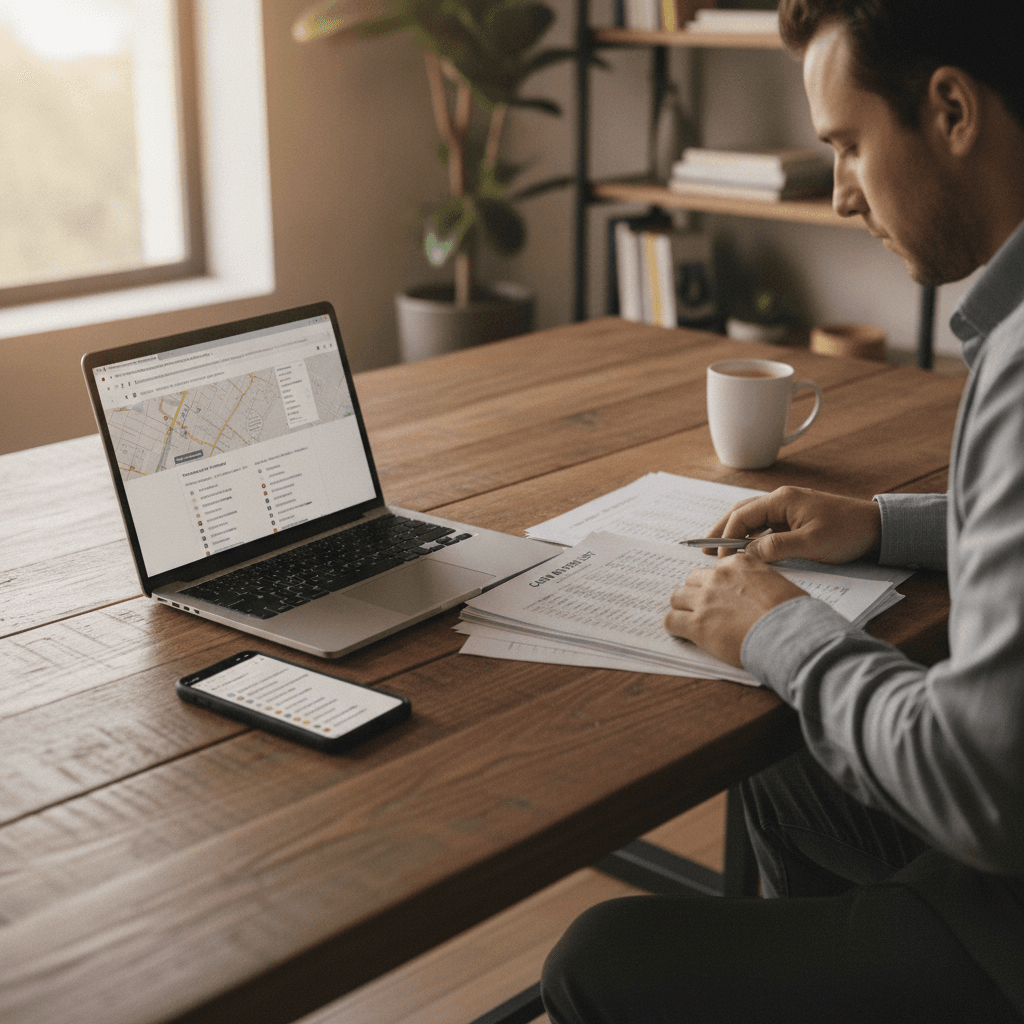 A real estate wholesaler at a wooden desk reviewing a printed list of cash buyers, laptop open to county property rec…