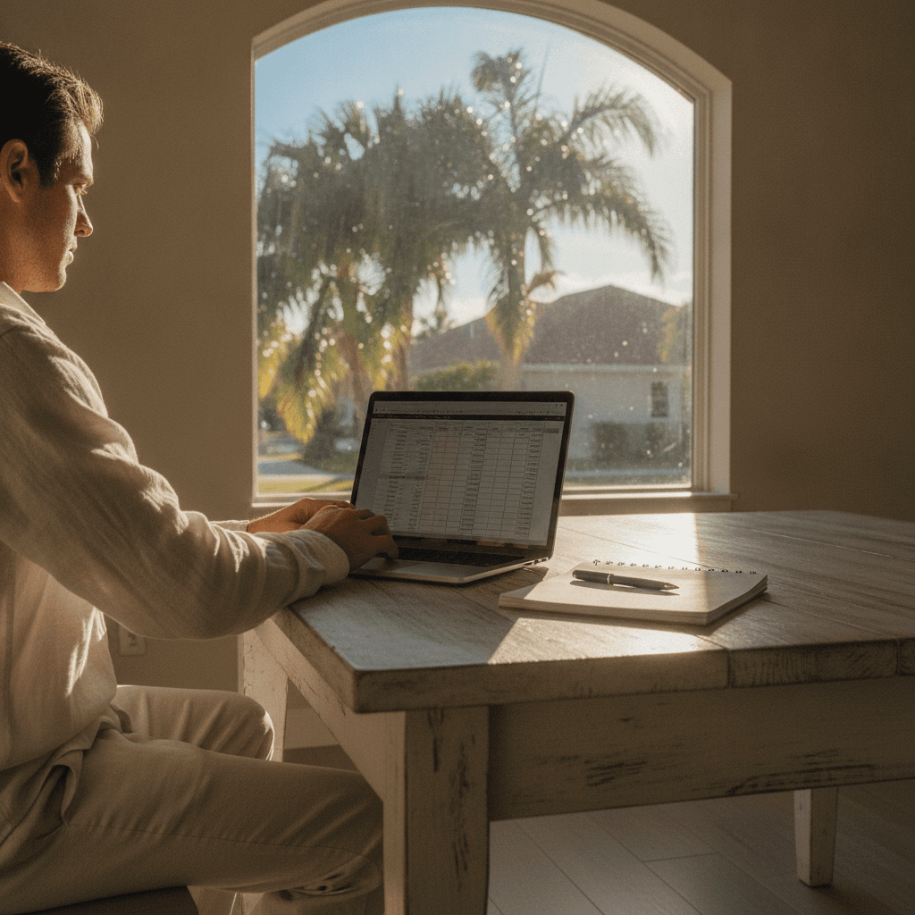 A real estate investor sitting at a kitchen table in a Florida home, laptop open with a spreadsheet, notebook and pen…