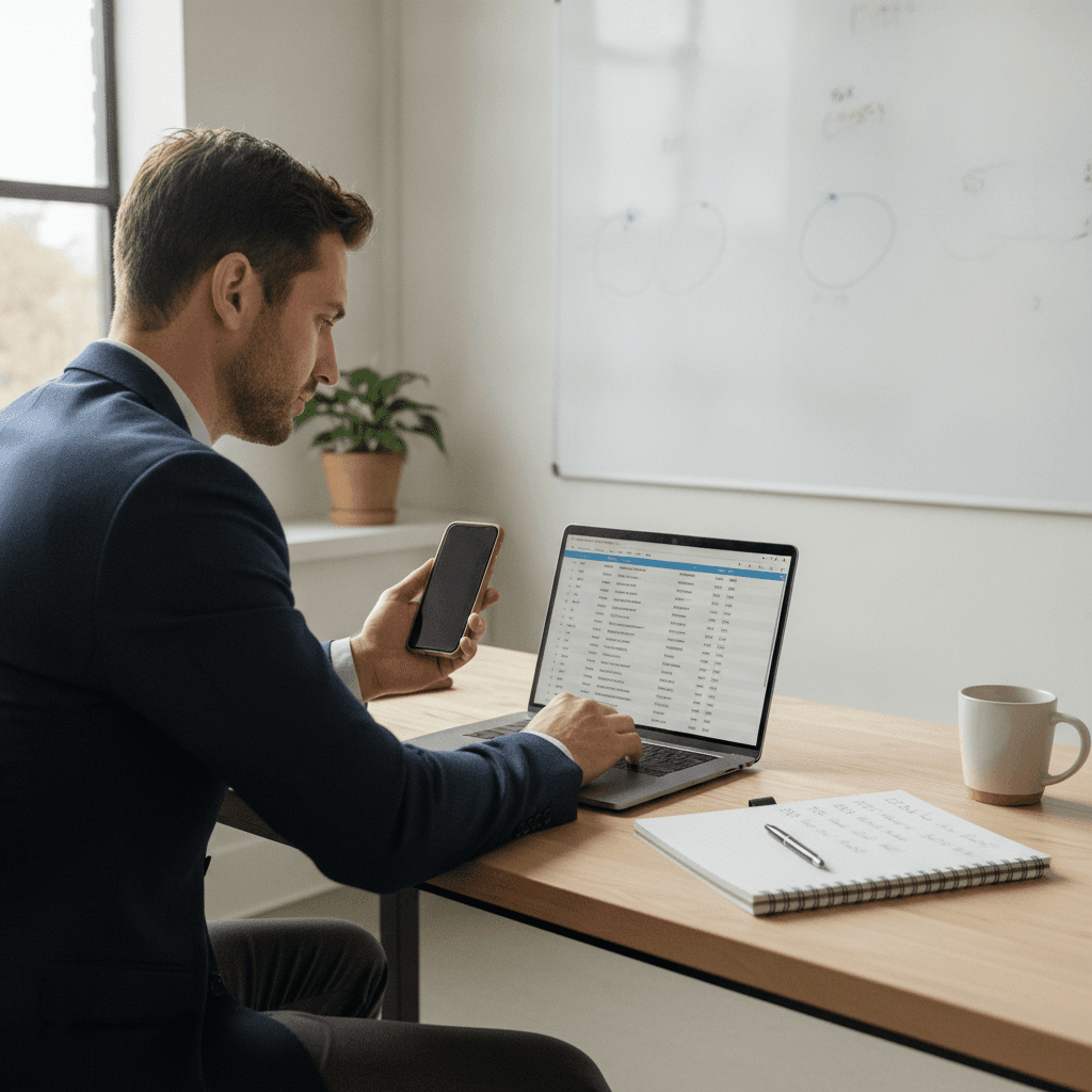 A realistic photo of a real estate wholesaler at a desk with a laptop showing a list of contacts, a phone in hand, an…