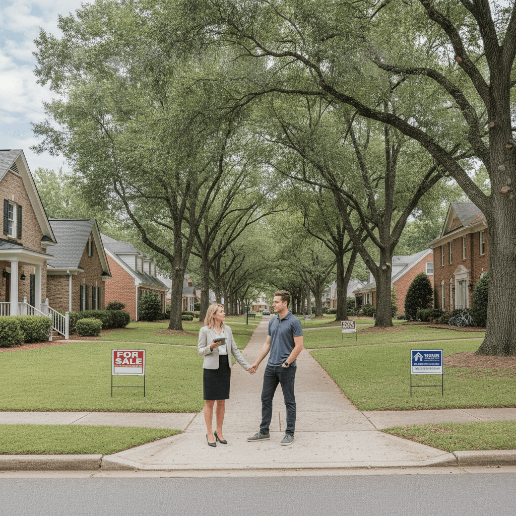A residential street in Charlotte, NC, with several 'For Sale' signs in front of houses