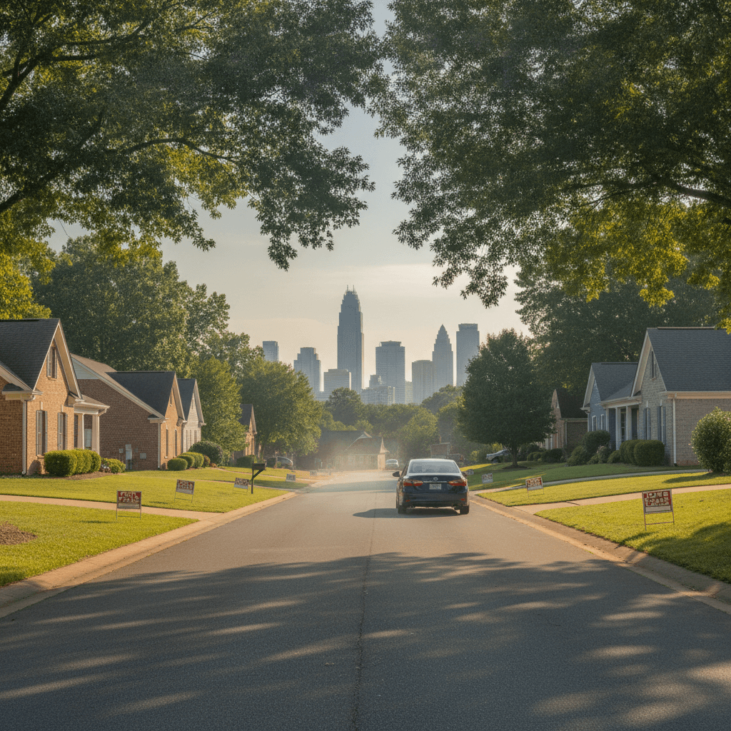 A realistic wide photo of a Charlotte, NC suburban street lined with for-sale signs on a late summer morning, a car d…