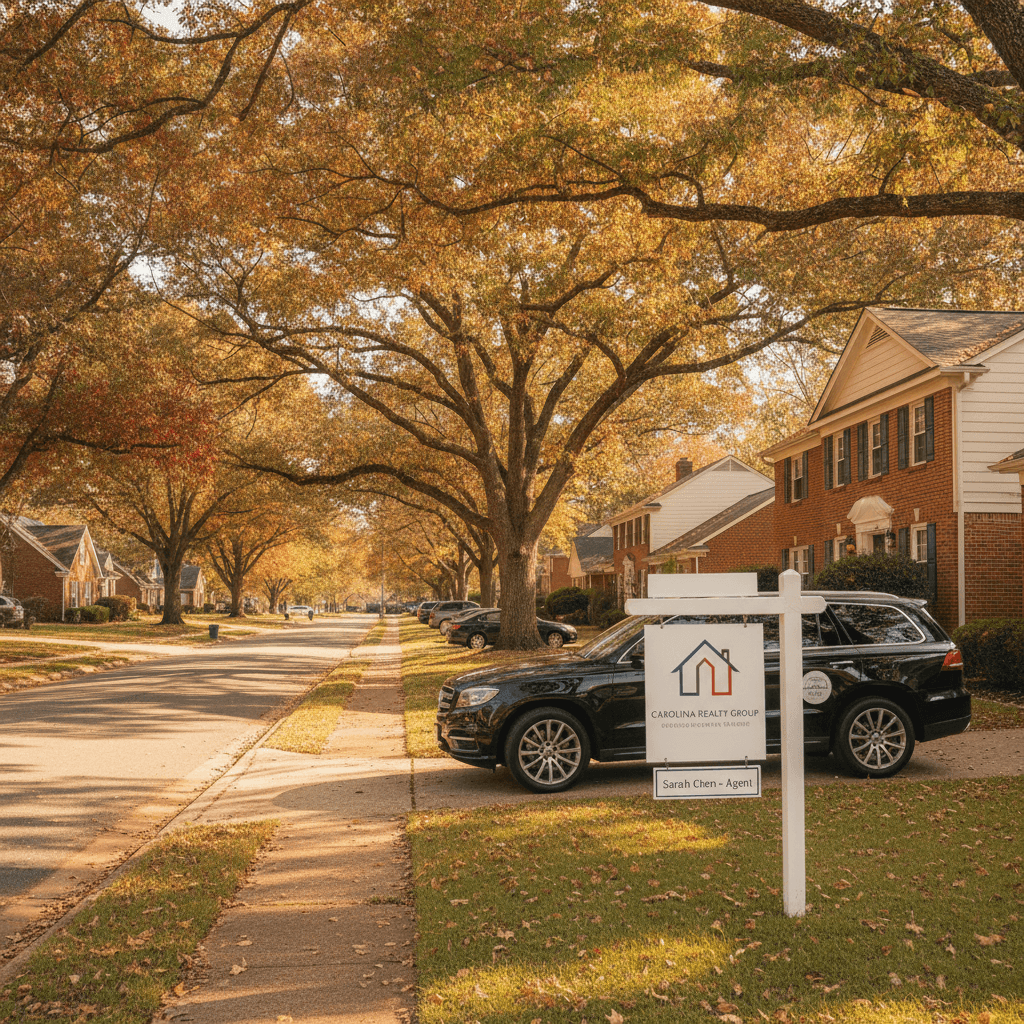 A residential street in Charlotte, North Carolina on a clear autumn morning, with brick and siding single-family home…
