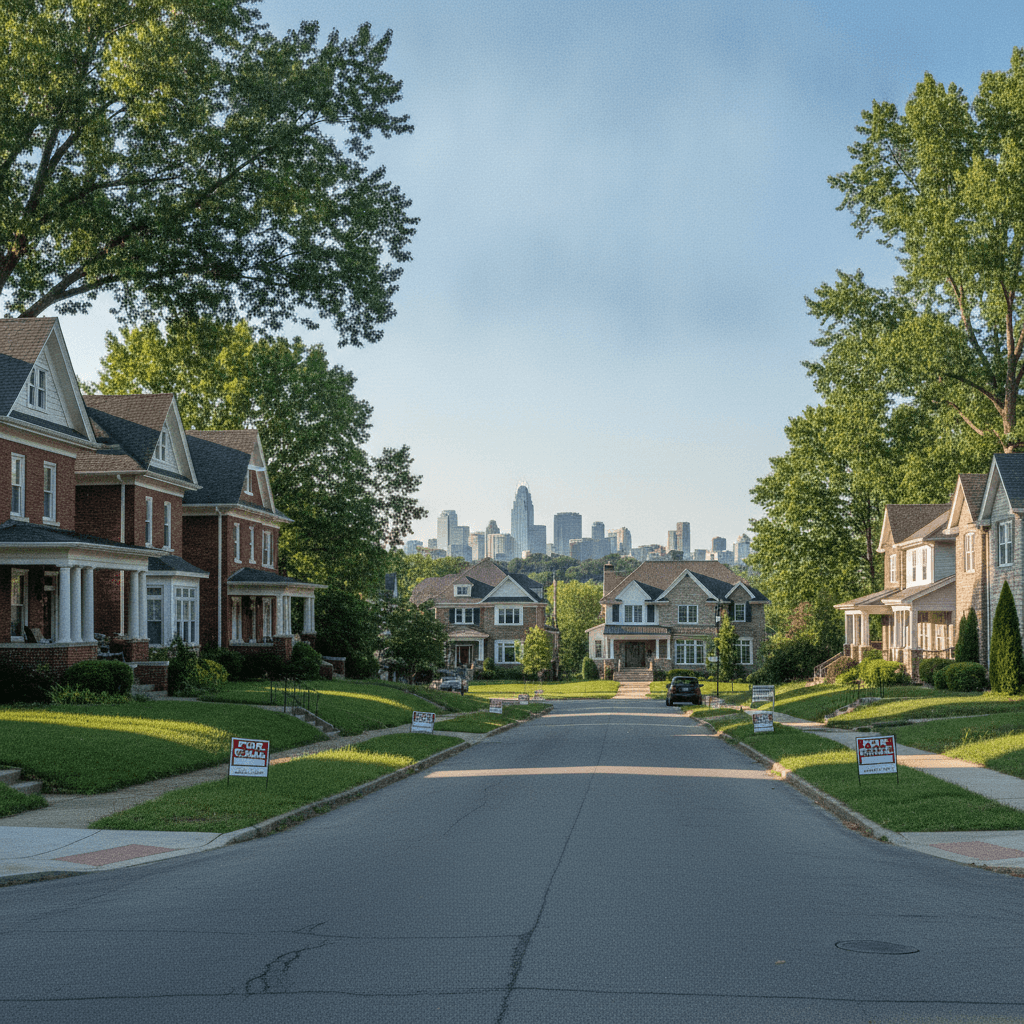 A realistic photo of a residential street in Cincinnati with 'For Sale' signs in front of several houses, bright sunn…