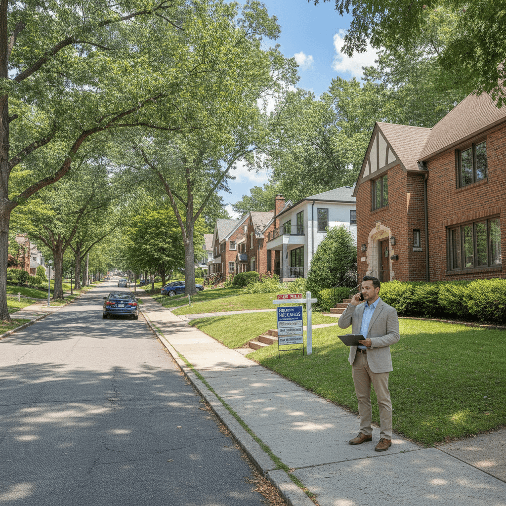 A realistic photo of a residential street in Cincinnati with a mix of older and newer homes, a 'For Sale' sign in a f…