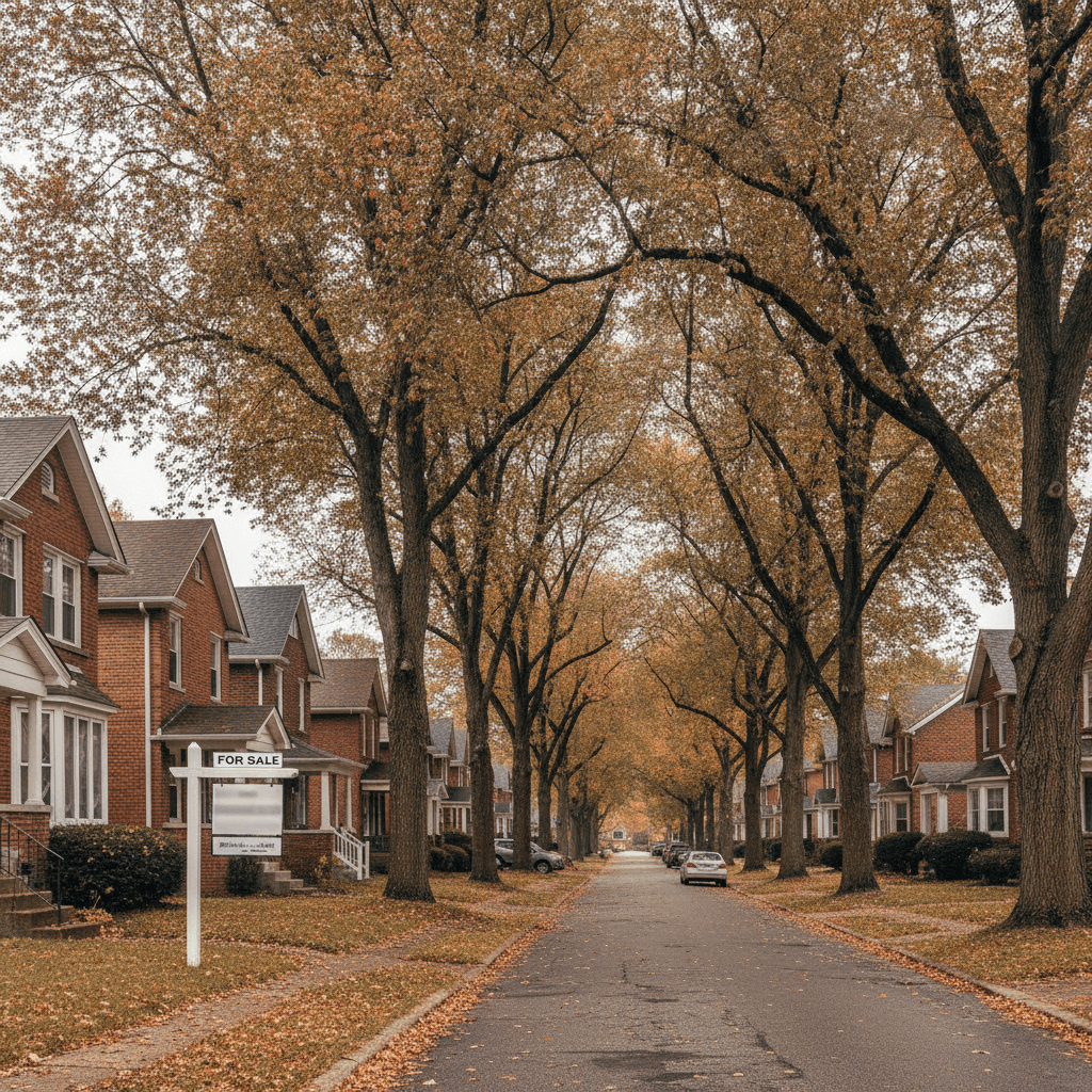A realistic photograph of a residential street in a Cincinnati, Ohio neighborhood in early autumn, modest single-fami…